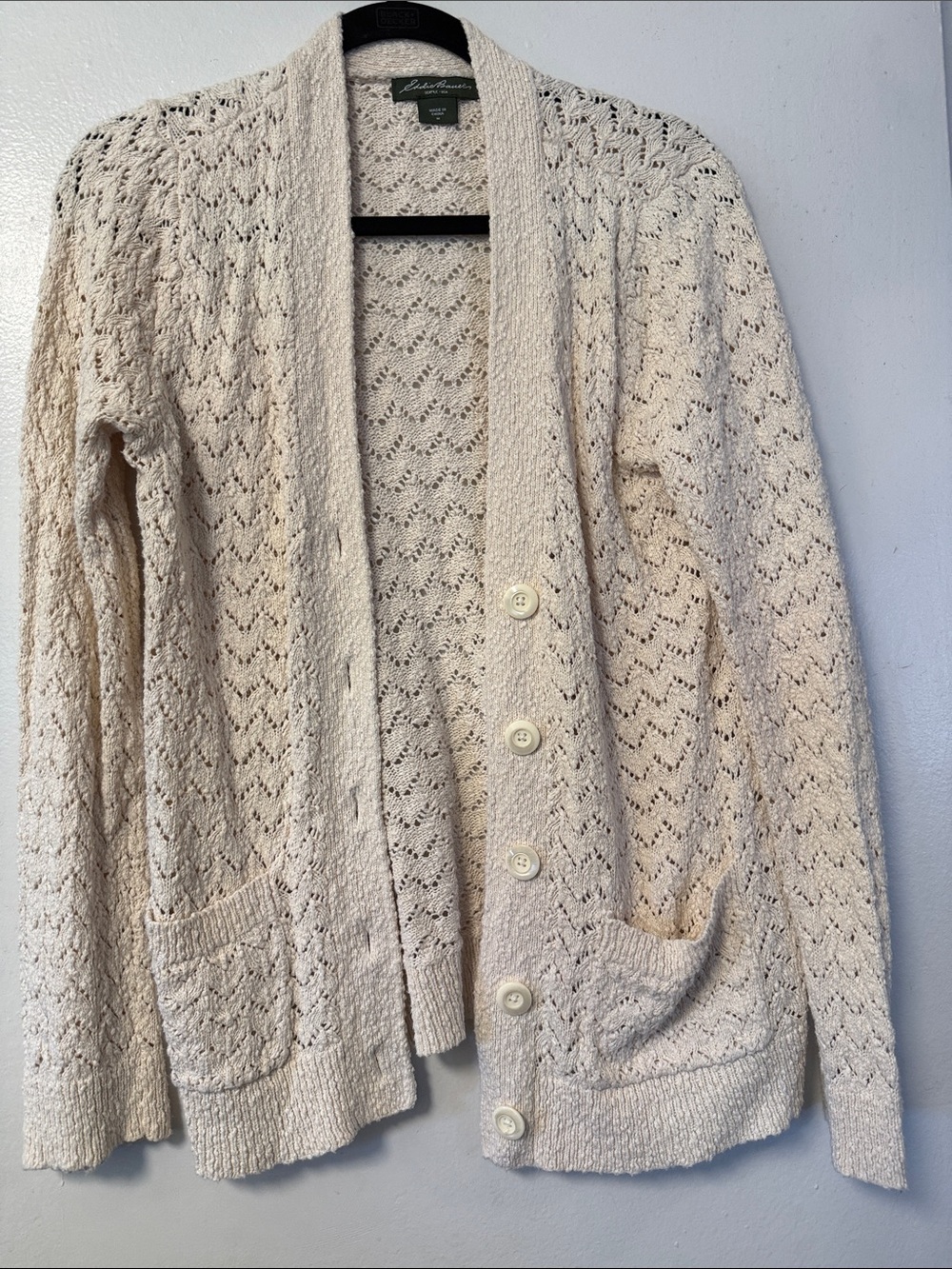 100% cotton Eddie Bauer Ivory Open-Knit Button Front Cardigan
